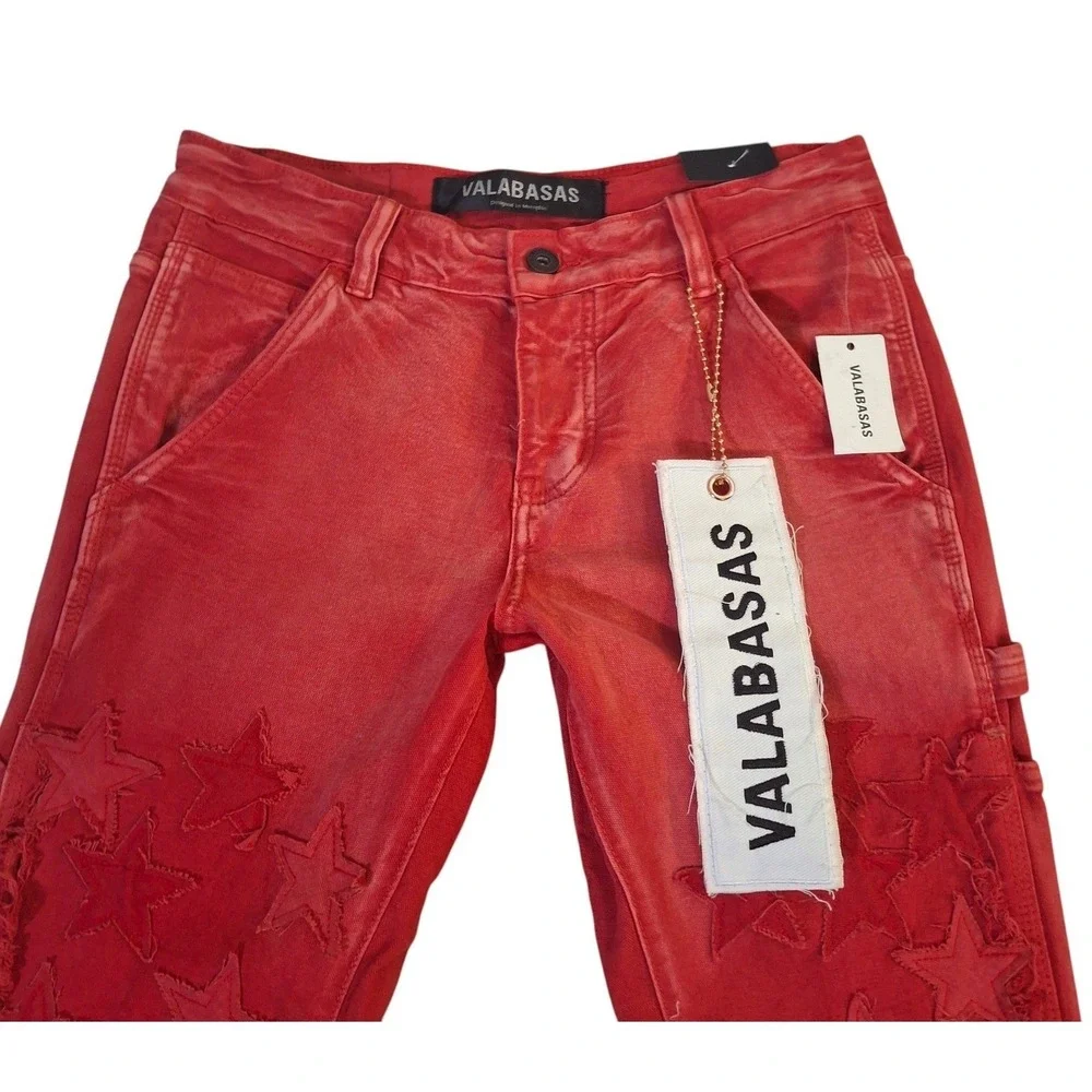 Valabasas V-Star Red Wash Distressed Star Patchwork Flare Jeans Mens 29 NEW